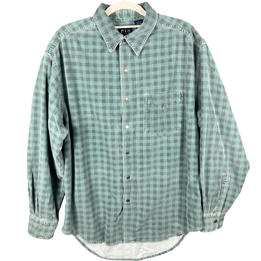 Vintage Gap Corduroy Shirt Mens Medium Green Plaid Snap Button Long Sleeve 90's